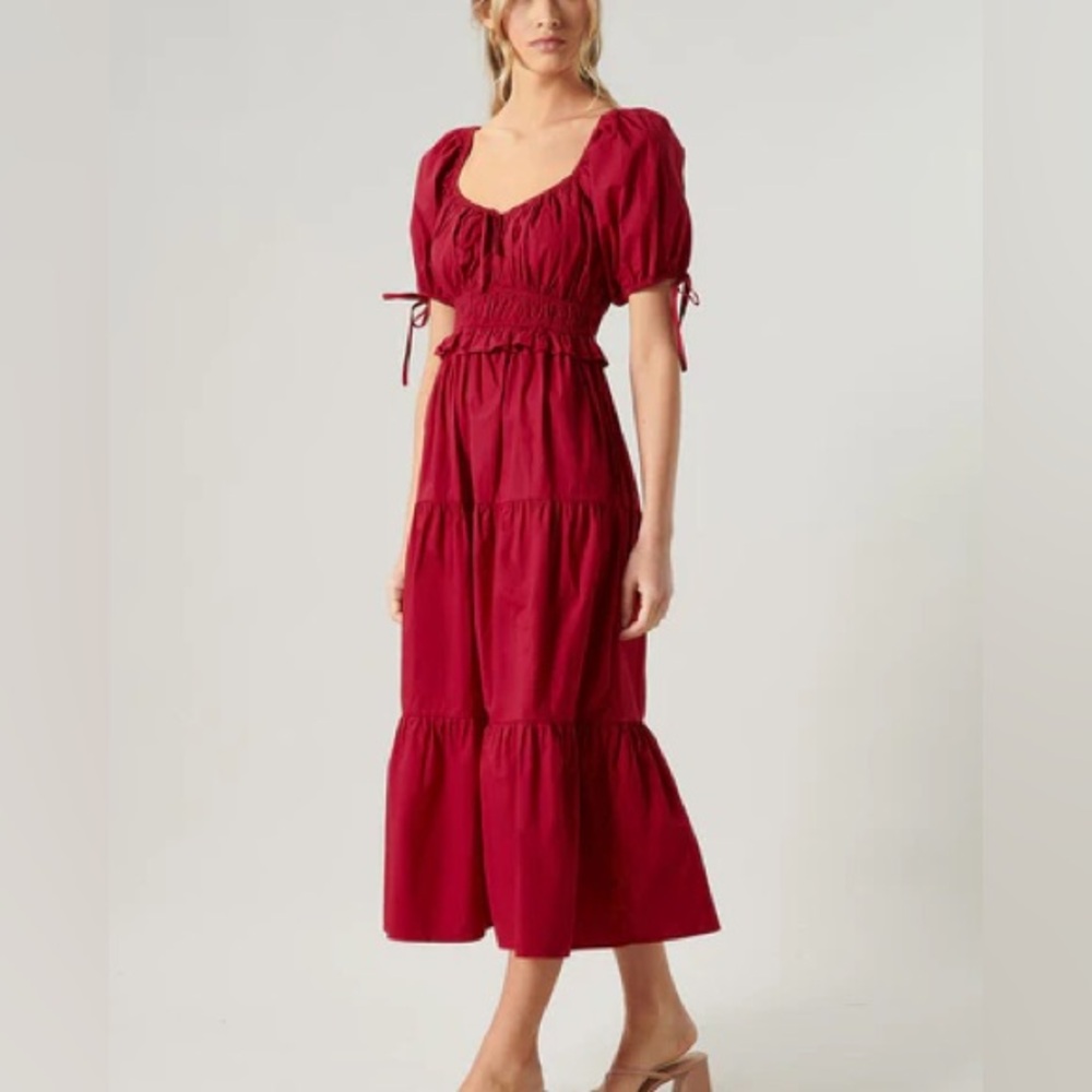 Sugarlips Maribeth Poplin Puff sleeve Tiered Dress Burgundy Size Small BNWT